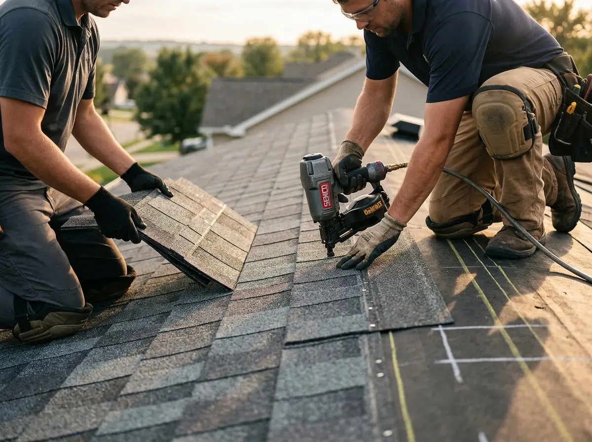 Professional roofer working on a residential roof in Jeffersonville